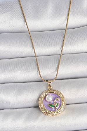 Dodes Dodes 316L Çelik Gold Renk Zincir Mor Çiçek İşlemeli İnci Detay Potre Model Kadın Kolye TG27BKO10081