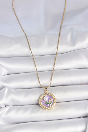 Dodes Dodes 316L Çelik Gold Renk Zincir Mor Çiçek İşlemeli İnci Detay Potre Model Kadın Kolye TG27BKO10081