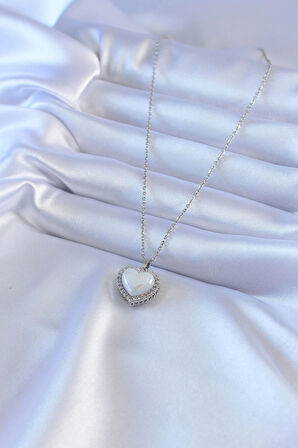 Dodes Dodes 316L Çelik Gümüş Renk İncili Kalp Model Zirkon Taşlı Kadın Kolye TG27BKO7567