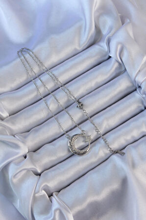 Dodes 316L Çelik Zincir Gümüş Renk Zirkon Taşlı Motifli Ay Yıldız Kolye TG27BKO9116