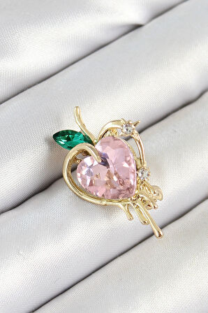 Dodes Pembe Ve Yeşil Zirkon Taşlı 3D Eriyen Kalp Figürlü Gold Renk Kadın Broş TG27BR438
