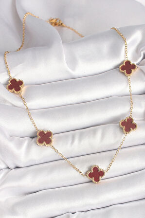 Dodes 316L Çelik Gold Renk Zincir Bordo Yonca Model Kadın Kolye TG27BKO9926