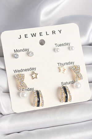 Dodes Pirinç Gold Renk Zirkon Taş Yıldız Detaylı İncili 7'Li Set Kadın Küpe Seti TG27BKP10320