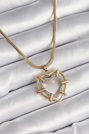Dodes Dodes 316L Çelik Gold Renk İtalyan Zincir Mix Renk Zirkon Taşlı Kalp Model Kadın Kolye TG27BKO9601