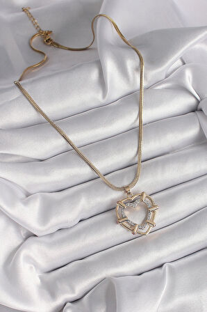 Dodes Dodes 316L Çelik Gold Renk İtalyan Zincir Mix Renk Zirkon Taşlı Kalp Model Kadın Kolye TG27BKO9601