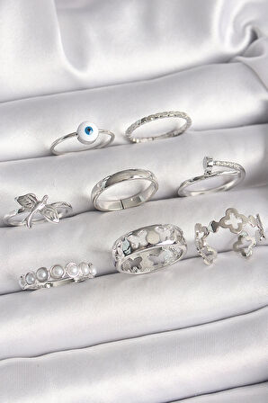 Dodes Pirinç Gümüş Renk Nazar Boncuk Detay İncili Kelebek İşlemeli Kadın Yüzük Kombini TG27BYK3649