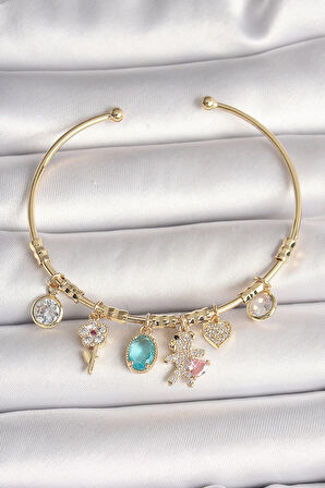 Dodes Pirinç Gold Renk Sallantı Zirkon Taşlı AYıcık Figür Kalp Detay Charm Kadın Bileklik TG27BB6894
