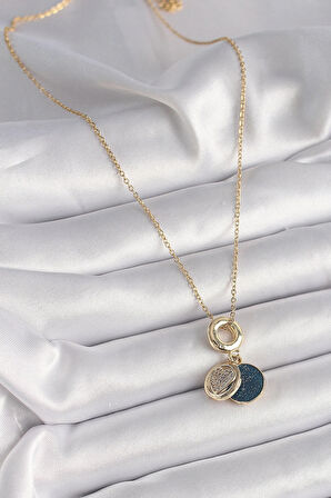 Dodes 316L Çelik Gold Renk Zincir Zirkon Taşlı Kalp Model Mavi Simli Kadın Kolye TG27BKO9640