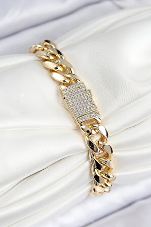 Dodes Dodes VIP Pirinç Zirkon Taşlı Cuba Model Gold Renk Kadın Bileklik TG27BB7765