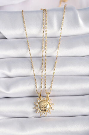 Dodes 316L Çelik Gold Renk Zirkon Taşlı Güneş Model İşleme Yazı Detay Arkadaş Kolyesi TG27BKO9288