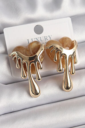 Dodes Pirinç Gold Renk Krem Sedefli Akan Kalp Model Kadın Küpe TG27BKP9895