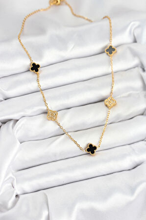 Dodes Dodes 316L Çelik Zincir Gold Renk Siyah ve Zirkon Taşlı Baby Boy Yonca Kadın Kolye TG27BKO10592