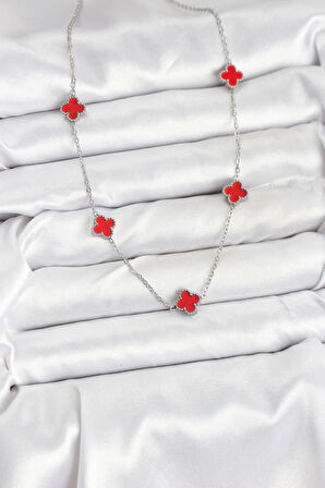 Dodes 316L Çelik Zincir Gümüş Renk Kırmızı Baby Boy Yonca Kadın Kolye TG27BKO10581