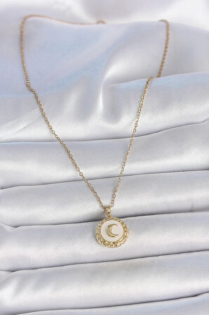 Dodes 316L Çelik Gold Renk Zincir Beyaz Mineli Hilal İşlemeli Madalyon Model Kadın Kolye TG27BKO10035