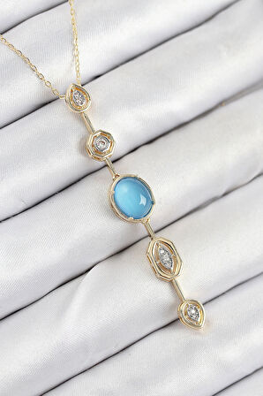 Dodes Dodes Pirinç Zincir Mavi Gold Renk Zirkon Taşlı Y Kolye TG27BKO10558