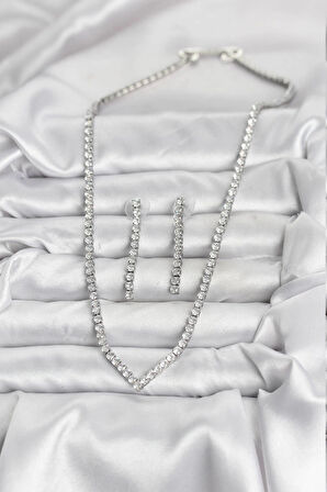 Dodes Dodes Gümüş Renk Zirkon Taşlı Kadın Kolye Küpe Seti TG27BKO10638