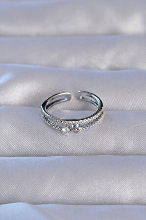 Dodes Pirinç Gümüş Renk Zirkon Taşlı Kalpli Su Yolu Model Ayarlanabilir Yüzük TG27BYK3220