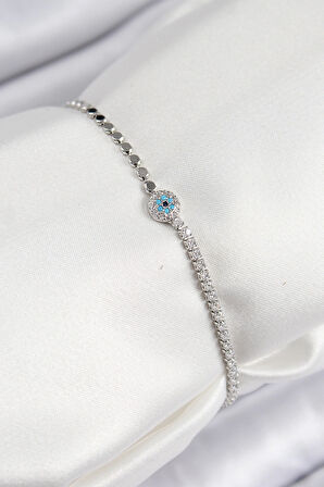 Dodes Pirinç Zirkon Taşlı Nazar Model Ezme Zincir Gümüş Renk Kadın Bileklik TG27BB7584