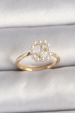 Dodes Pirinç Gold Renk Zirkon Taş Detaylı İncili Ayarlanabilir Yüzük TG27BYK3541