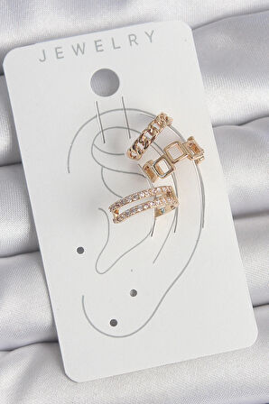 Dodes Dodes Pirinç Gold Renk Zirkon Taşlı Kare Zincir Model Kadın Kıkırdak Küpe TG27BKP10588