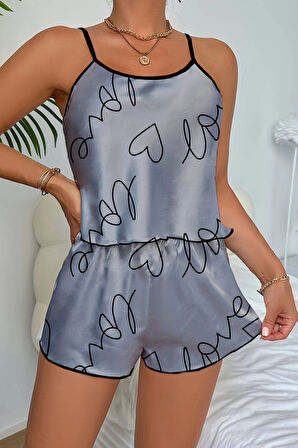 Dodes Love Baskılı Gri Saten Şortlu Gecelik Takım