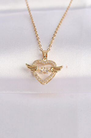 Dodes 316L Çelik Zincir Altın Renk Zirkon Taşlı Kanatlı Kalp Kolye TG27BKO8628