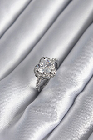 Dodes Pirinç Gümüş Renk Zirkon Taş Kalp Charm Model Kadın Yüzük TG27BYK2952