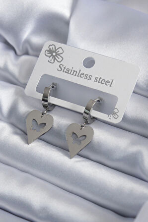 Dodes 316L Çelik Gümüş Renk Kalp Model Kelebek İşleme Kadın Küpe TG27BKP7950