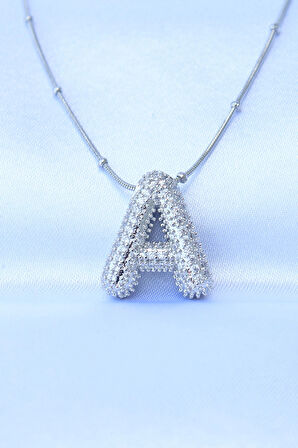 Dodes 316L Çelik Zincirli Zirkon Taşlı A Harfli Gümüş Renk Bubble Kolye TG27BKO8729