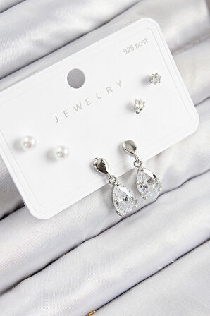 Dodes Dodes Pirinç Zirkon Taşlı Sallantılı Damla Model Gümüş Renk 925 Ayar Gümüş Çivi Kadın Küpe Set TG27BKP11171