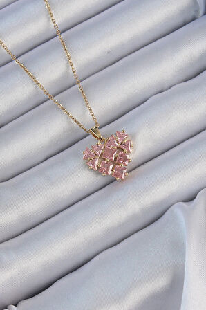 Dodes 316L Çelik Zincir Altın Renk Pembe Parçalı Zirkon Taşlı Kalp Kolye TG27BKO9163