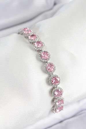 Dodes Dodes Pirinç Pembe Zirkon Taşlı Daire Baget Model Gümüş Renk VIP Seri Kadın Bileklik TG27BB7511