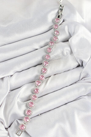 Dodes Dodes Pirinç Pembe Zirkon Taşlı Daire Baget Model Gümüş Renk VIP Seri Kadın Bileklik TG27BB7511