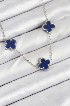 Dodes 316L Çelik Zincir Gümüş Lacivert Renk Yonca Kadın Kolye TG27BKO10587