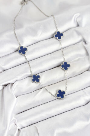 Dodes 316L Çelik Zincir Gümüş Lacivert Renk Yonca Kadın Kolye TG27BKO10587