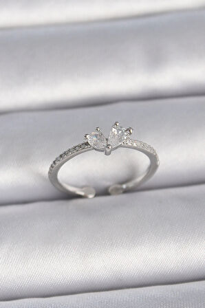 Dodes Pirinç Gümüş Renk Ayaralanabilir Zirkon Taşlı Kalp Model Kadın Yüzük TG27BYK3407