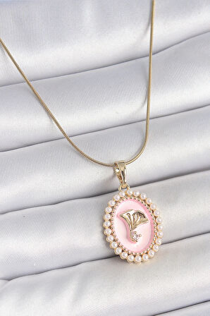 Dodes 316L Çelik Gold Renk Zincir Pembe Mineli İncli Zirkon Taşlı Çiçek İşlemeli Portre Model Kadın Kolye TG27BKO10194