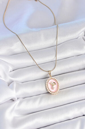 Dodes 316L Çelik Gold Renk Zincir Pembe Mineli İncli Zirkon Taşlı Çiçek İşlemeli Portre Model Kadın Kolye TG27BKO10194
