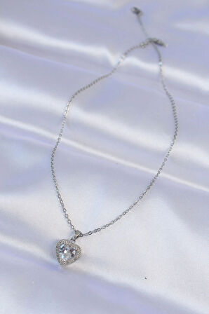 Dodes Dodes 316L Çelik Zincir Gümüş Renk Zirkon Taşlı Charm Kalp Kolye TG27BKO8744