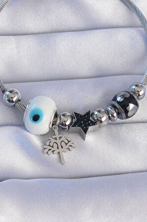 Dodes 316L Çelik Gümüş Renk Siyah Zirkon Taşlı Yıldız Tasarımlı Ağaç Detay Nazarlı Charm Bileklik TG27BB6198