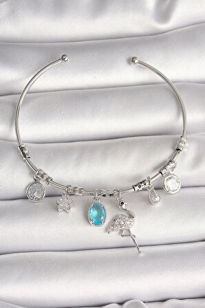 Dodes Dodes Pirinç Gümüş Renk Sallantı Zirkon Taşlı Filaminga Figür Charm Kadın Bileklik TG27BB6903