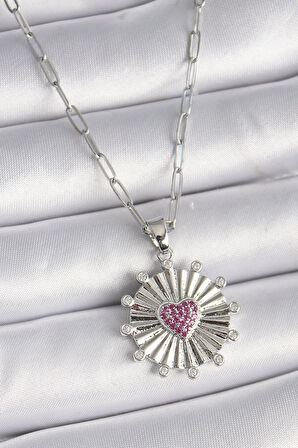 Dodes 316L Çelik Gümüş Renk Pembe Zirkon Taşlı Kalp İşleme Madalyon Model Kadın Kolye TG27BKO9533