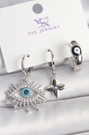 Dodes Pirinç Gümüş Renk Zirkon Taşlı Göz Model Nazar Boncuk Detay 3'Lü Kadın Kombin Küpe TG27BKP10440