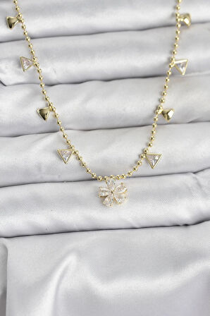 Dodes Dodes Pirinç Gold Renk Zirkon Taşlı Çiçek Model Kadın Kolye TG27BKO10642