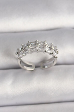 Dodes Pirinç Gümüş Renk Zirkon Taşlı Ayarlanabilir Yüzük TG27BYK3548