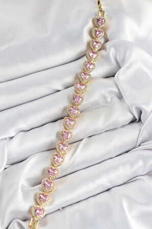 Dodes Dodes Pirinç Zirkon Taşlı Pembe Kalp Baget Model Gold Renk VIP Seri Kadın Bileklik TG27BB7502