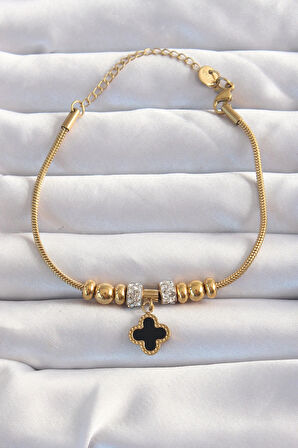 Dodes 316L Çelik Gold Renk Zirkon Taş Aksesuarlı Siyah Mineli Yonca Bileklik TG27BB6229