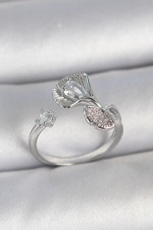 Dodes Pirinç Gümüş Renk Zirkon Taşlı Deniz Kabuğu Model Ayarlanabilir Kadın Yüzük TG27BYK3740