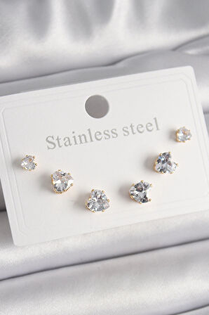 Dodes Dodes 316L Çelik Gold Renk Zirkon Taşlı Kalp Model Kadın Küpe Seti TG27BKP9880