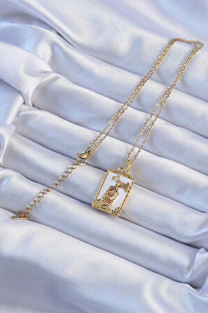 Dodes Dodes 316L Çelik Zincir Altın Renk Beyaz Mineli Tarot Kolye TG27BKO9249